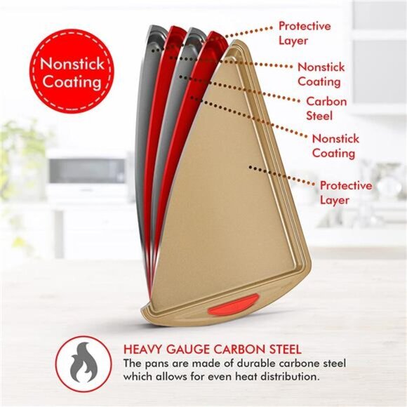 2 Piece Cookie Sheet Baking Pan Set, Gold Nonstick Trays with Red Silicone - Picture 4 of 6